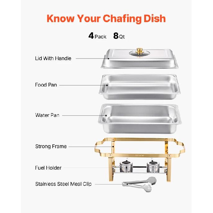 VEVOR Chafing Dish Buffet Set 8 Qt Stainless Steel Chafer with  Full Size Pans Rectangle Catering Warmer Server with Glass Lid