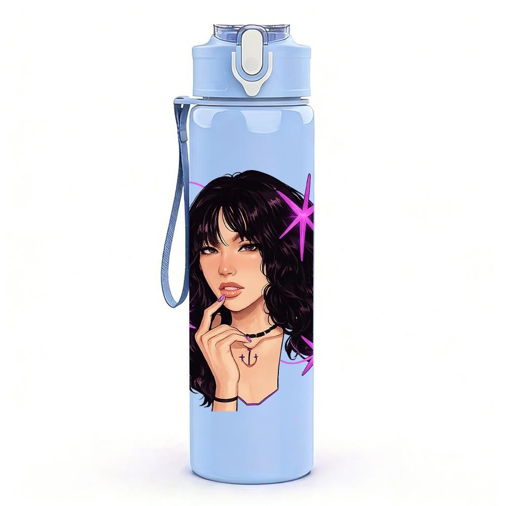 1PC Dark Hair Stylish Lady 750ml Color Plastic Sports Water Bottle Leakproof Flip Straw Lid Suitable for Sports Office Home Use