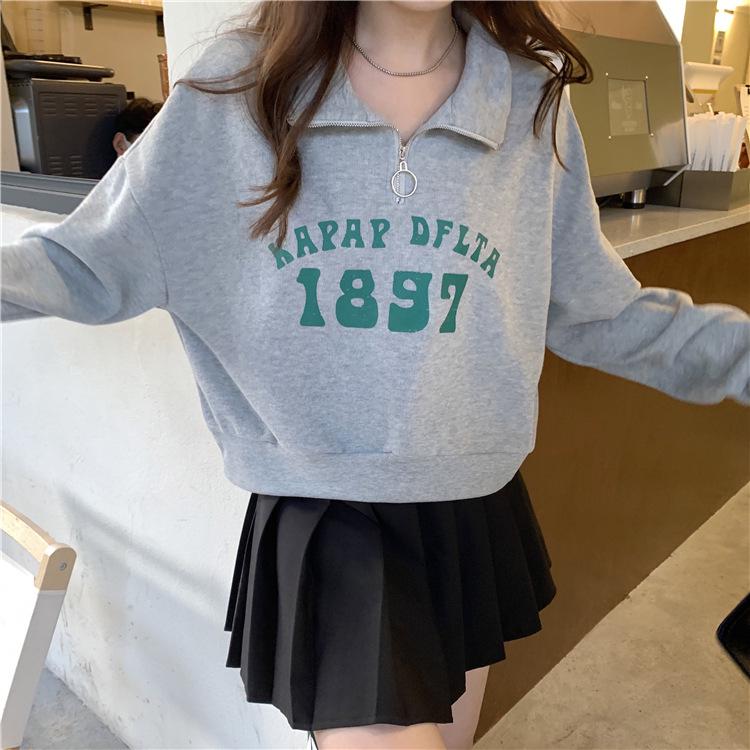Women's Petite Half-Zip Polo Collar Sweatshirt - American Retro Style for Spring and Autumn
