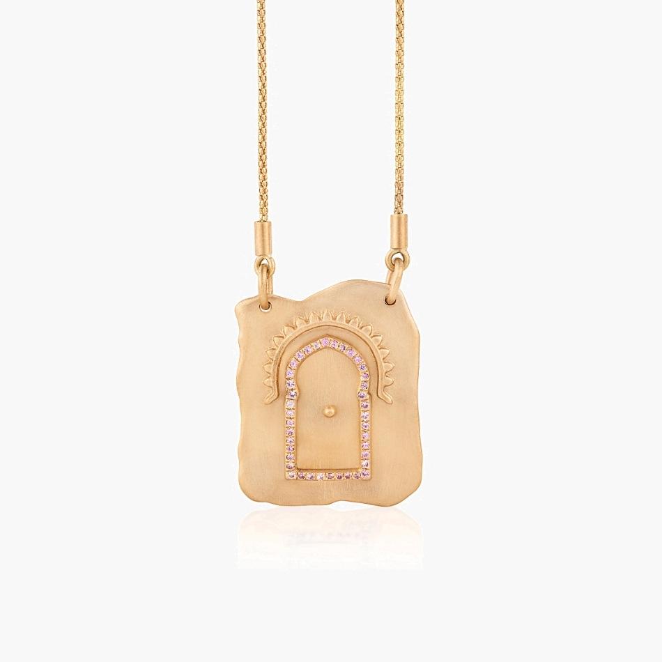 Rebirth Gilded Hinged Door Necklace Pendant: Retro Tarot Design with Butterfly Elements and Rhinestone Details.