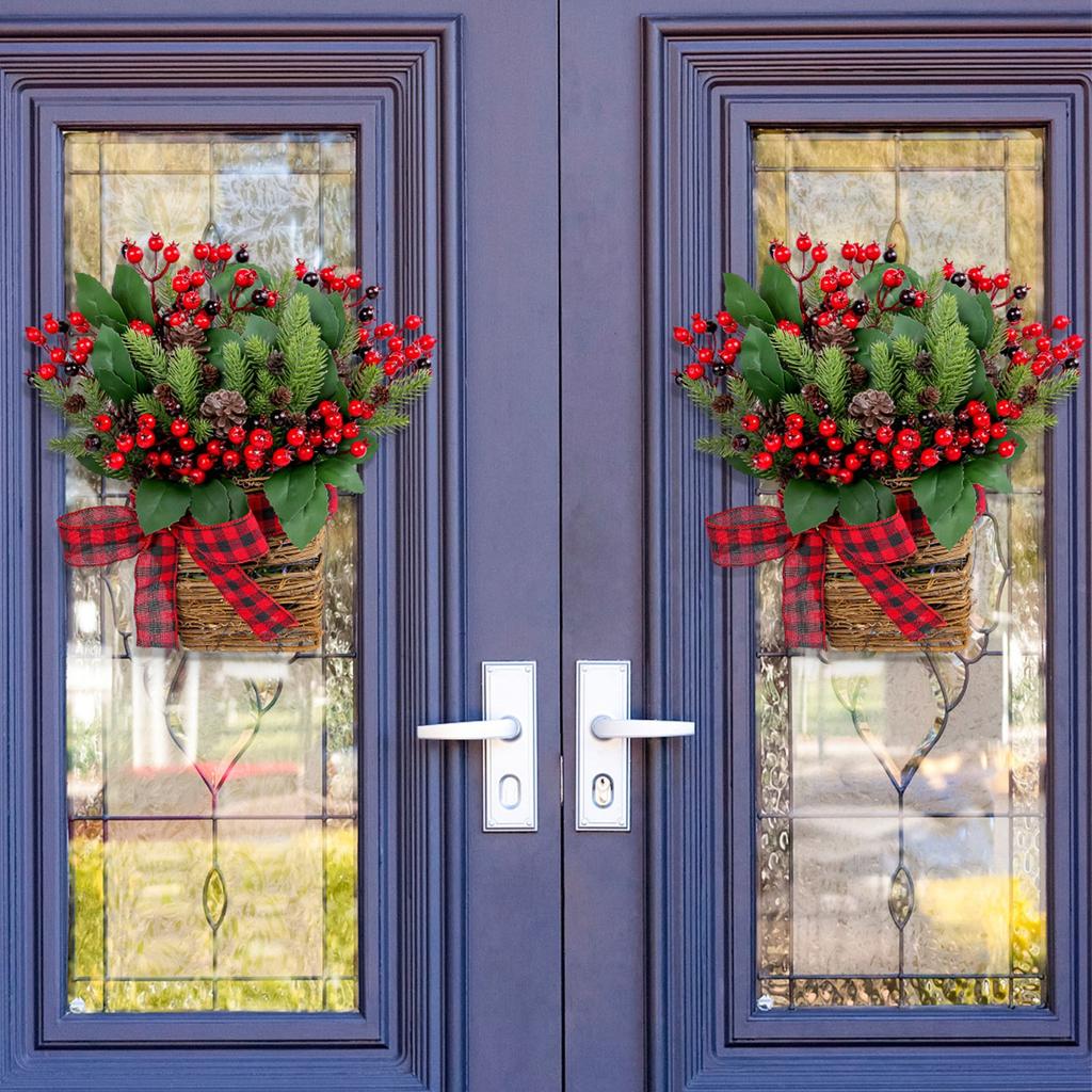 Door Hanger Basket Wreath,  Winter Wreath For Front Door,  Hanging Basket Wreath With Berries Branches Cones For Indoor Outdoor Decoration