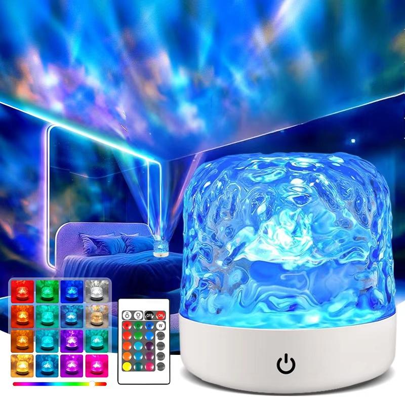16 Color LED Water Ripple Projector Night Light Remote Control Bedroom Bedside Decorative Ambient Lamp RGB Dimmable Crystal Lamp
