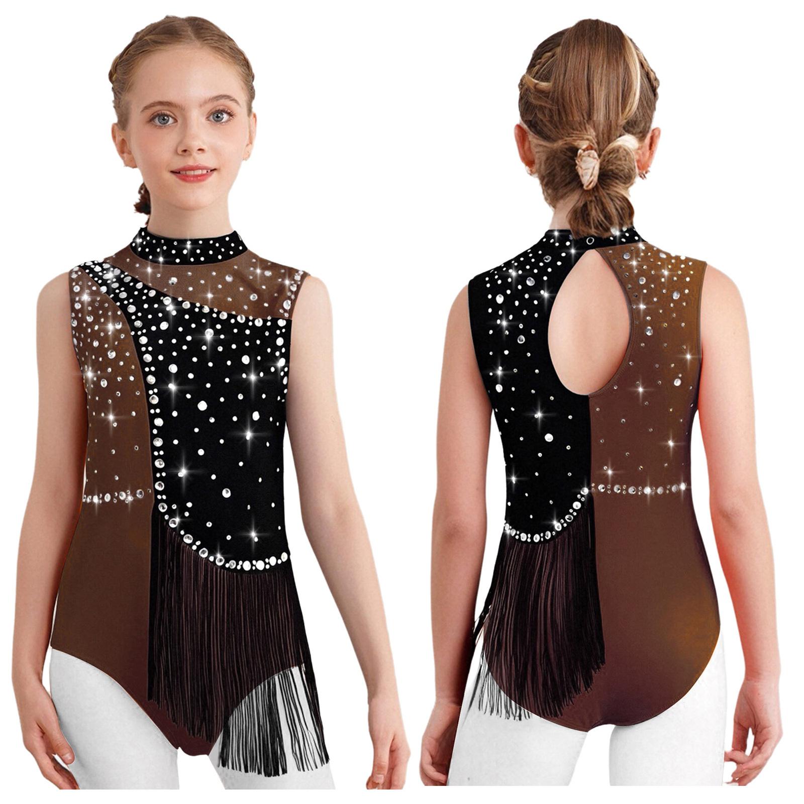 

Kids Gymnastics Leotard Sleeveless Mock Neck Keyhole Back Shiny Rhinestones Tassels Bodysuit for Dance & Skating 7-8 Years коричневий