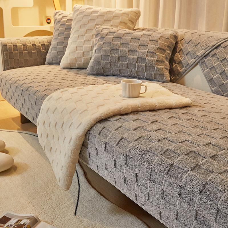 

New Solid Color Plaid Sofa Cushion, Thickened Non-Slip Seat Cushion In Winter, Backrest Sofa Cover Cover Cloth 110*210cm