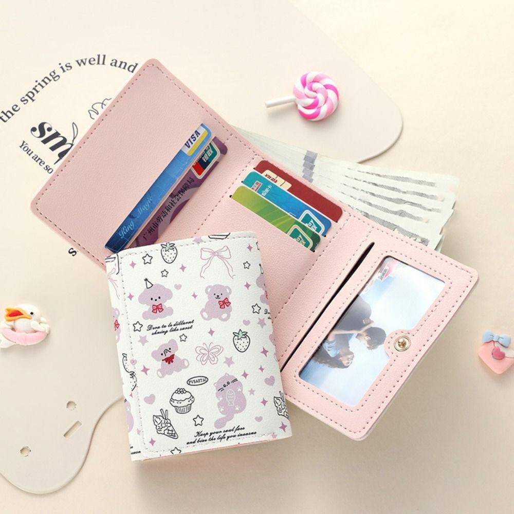 Multiple Card Slot Girls Coin Purse Portable Three-Fold Wallet Cartoon Bear Short Wallet  Girls
