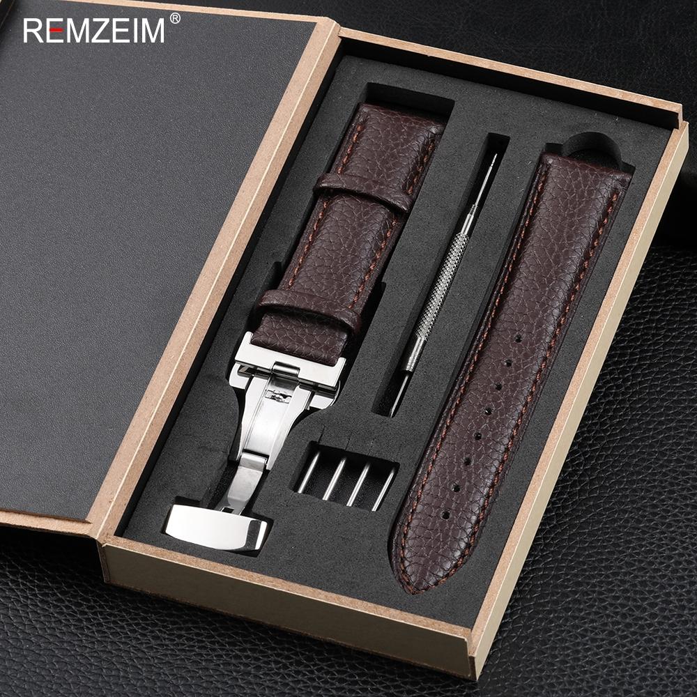 Litchi Pattern Design Leather Wrist Band 18mm 20mm 22mm Men Women Strap with Butterfly Buckle Gift Box Packaging Watchband