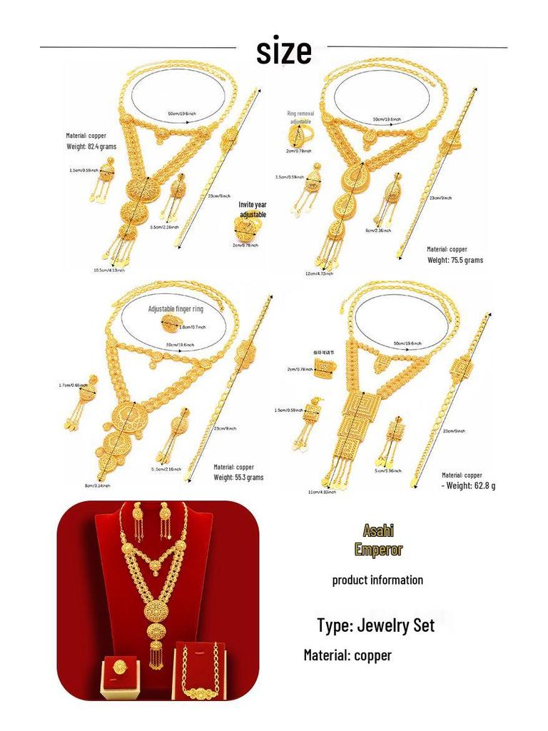 Dubai 24K Gold Jewelry Set: Wedding Necklace, Bracelet, Earrings, Ring - Arab Bride Collection
