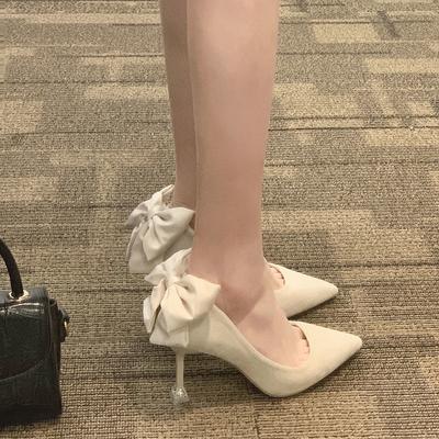 Fashion High-value Fried Street High Versatile Heels 2024 Internet Celebrity Temperament Thin Heel Pointed Bow Single Shoes