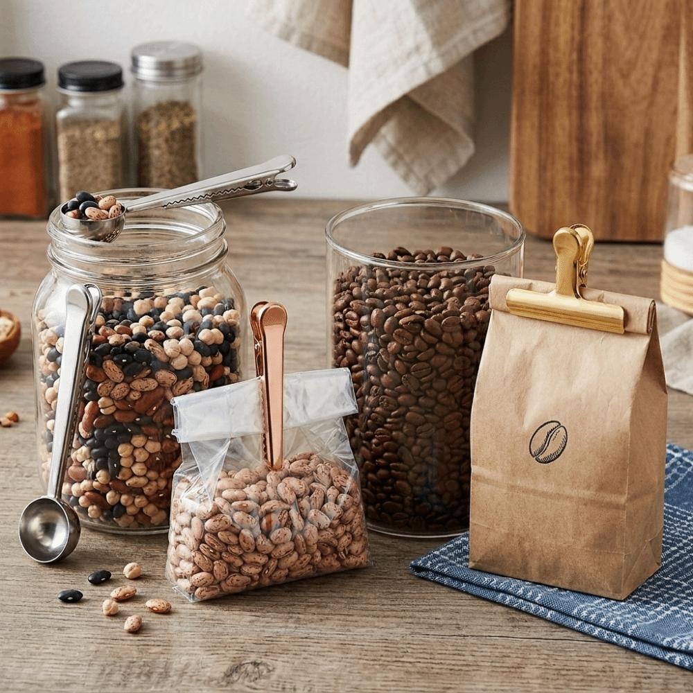 Rustless Steel Bag Clip 2-in-1 Measuring Utensil Save Space Sealing Clip Bean Scooping