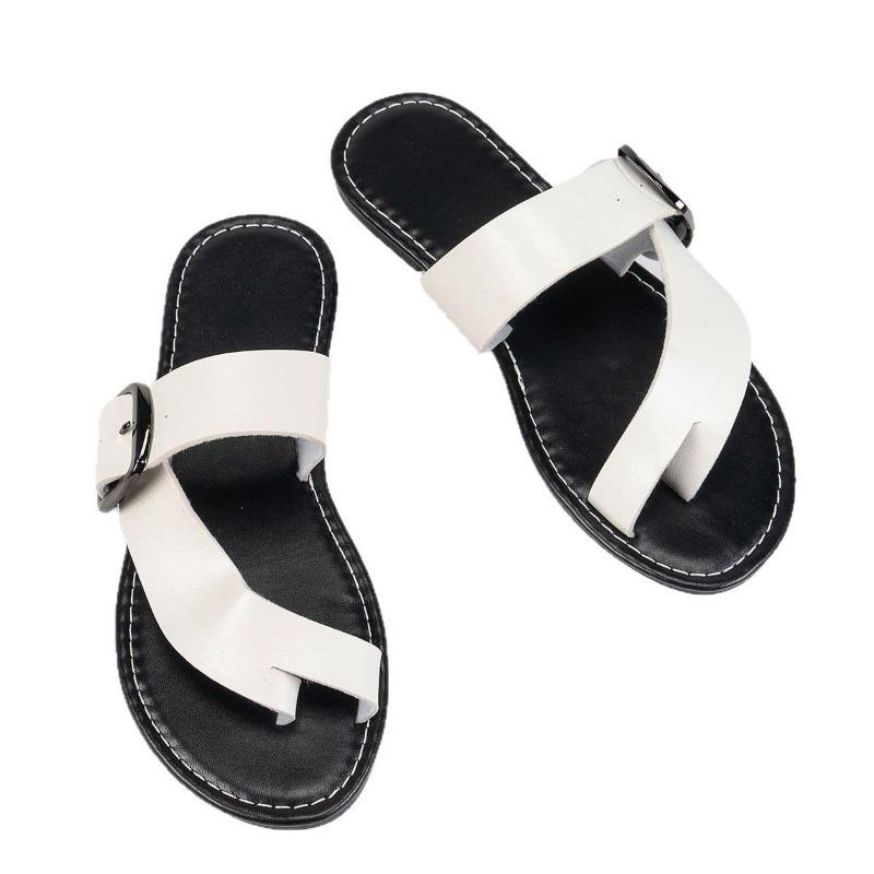 Casual Flat-bottomed Large-size Slippers Women's New Toe Belt Buckle One-word Cool Slippers