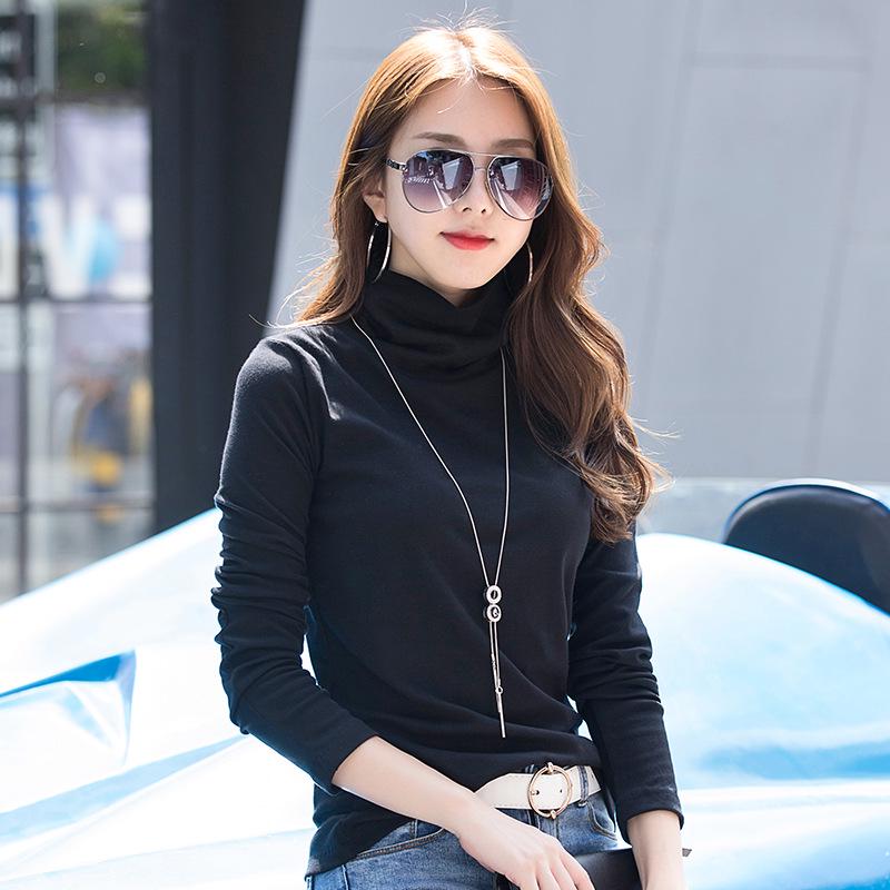 Clearance Pure Cotton High Neck Slim Fit Long Sleeve Women's T-Shirt - Korean Style Solid Color Warm Base Layer