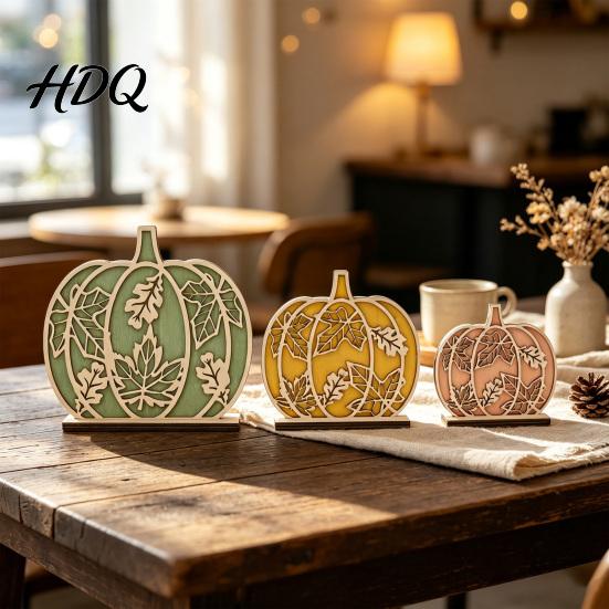 Natürliches Holz Thanksgiving Geschenk 3 Stück Herbst Holz Kürbis Tischdeko Schichtgeschnitten Ahornblatt Haus Dekoration Figur Ernte für Kaminsims