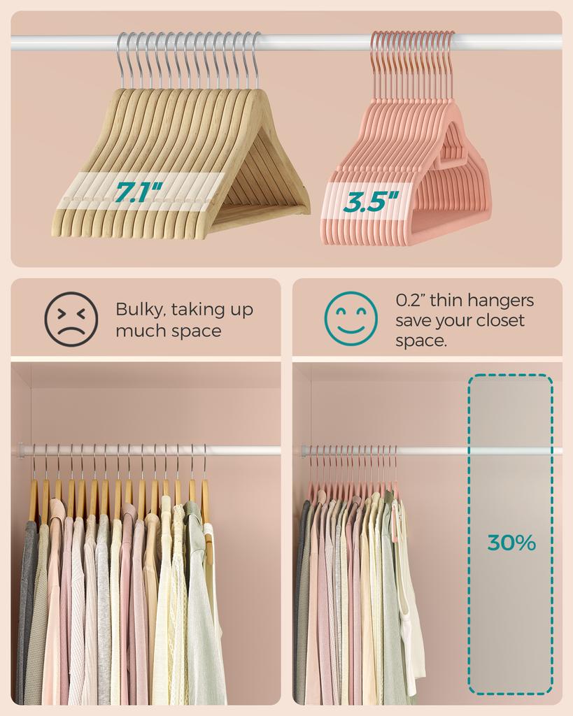 SONGMICS Velvet Hangers, Set of 30 Clothes Hanger with Rose Gold Swivel Hook, Non-Slip, and Space-Saving, 0.2-Inch Thick