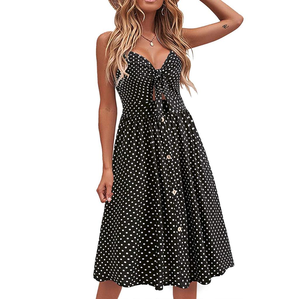 Women's Summer Bow Tie On Chest Printed V-neck High-waist Sling A-line Dress