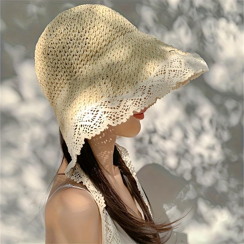 Women'S Wide Brim Sun Hat for Summer, Breathable & Foldable with Lace Trim and Adjustable Chin Strap - Lightweight Crochet Beach Hat, Protection
