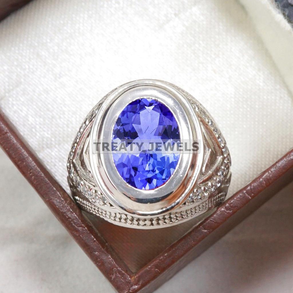Tanzanite Oval Cut Gemstone With 925 Sterling Silver Ring For Men's #B684 JL375688168593