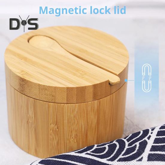 Бамбуковий сільничний льох із магнітною кришкою, що обертається, круглий сільничний ящик для зберігання солі, перцю, цукру, трав, функціонального контейнера для зберігання спецій.