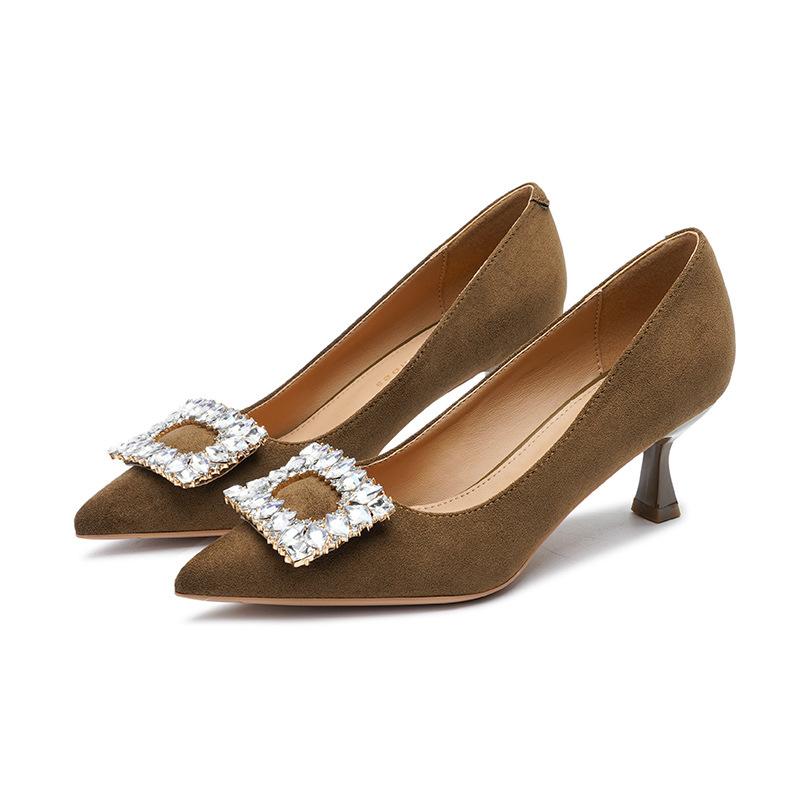 8-Rhinestone square buckle high-heeled single shoes women's autumn new pointed stiletto suede high heels