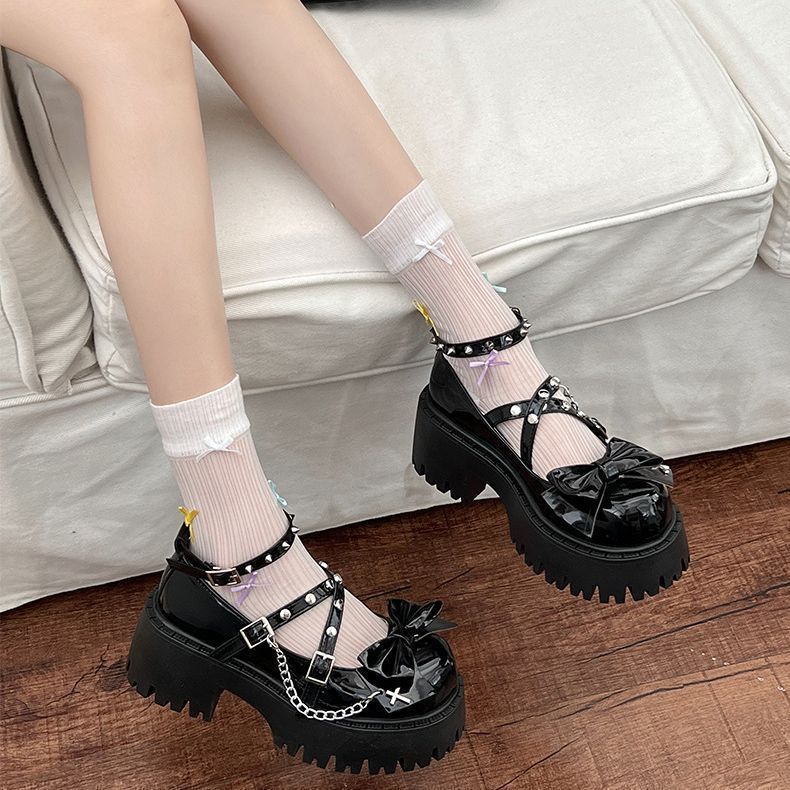 Rivet Round Head Thick Heel Thick Sole Small Leather Shoes Women's 2025 Spring New Black Bow Mary Jane Shallow Mouth Single Shoes
