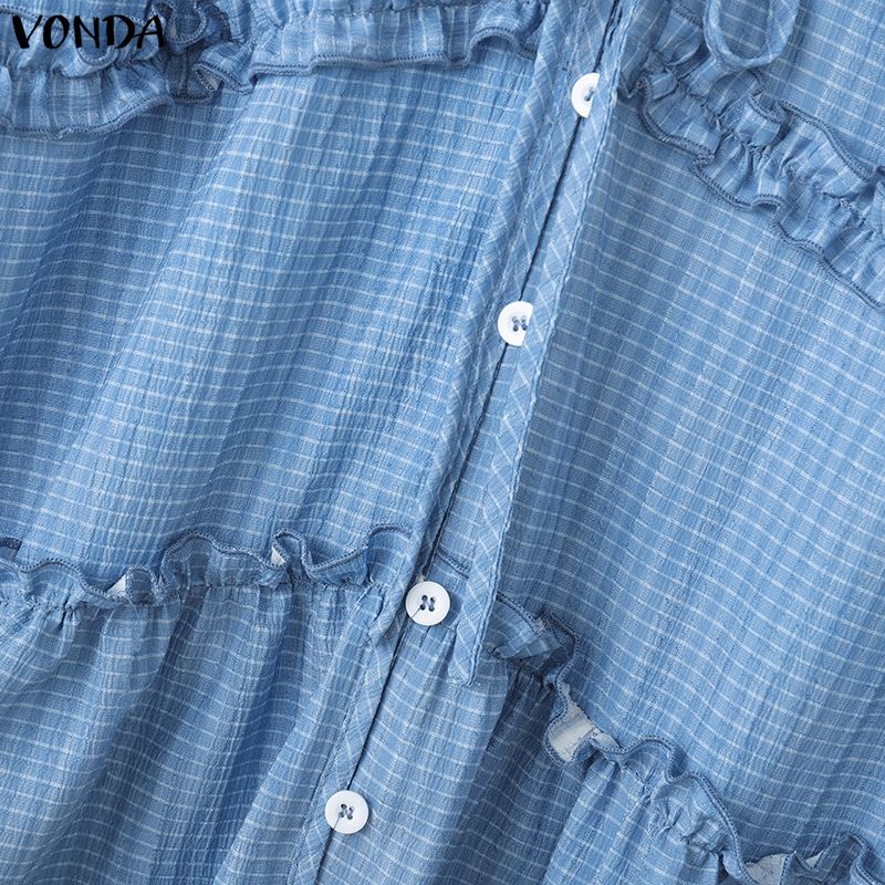 VONDA Women Ruffled V Neck Loose Casual Long Sleeve Plaid Print Blouse