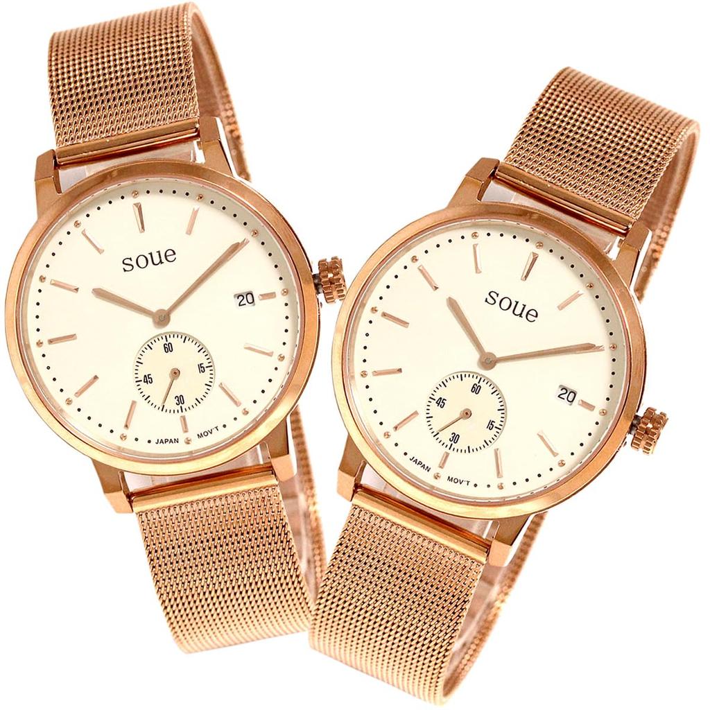 SOUE Pair Watch Classics Pair Watch Pair Couple 38mm Size Stainless Steel Belt Mesh Band Pink Gold Ivory Dial [SOUE] Women's Men's