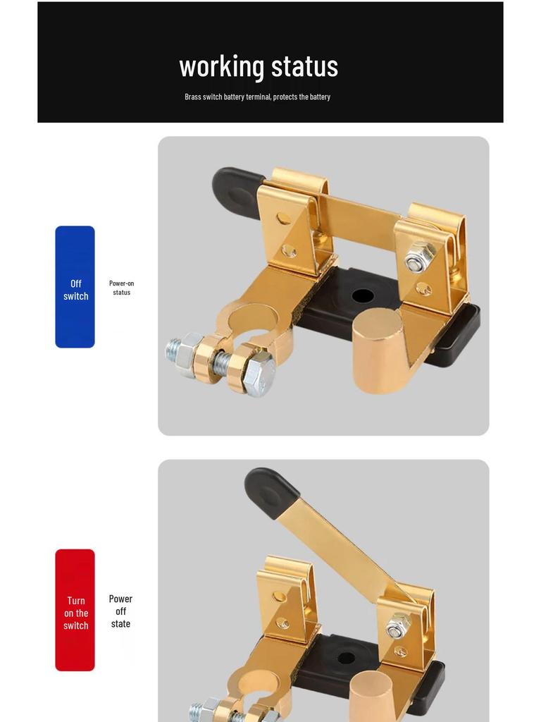 Universal Pure Copper Car Battery Disconnect Switch - Anti-Leakage Brass Main Knife Switch for Positive and Negative Terminals.