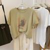 Women's Casual Abstract Figure Print T-Shirt Loose Fit Rolled Short Sleeve Crew Neck Summer Top