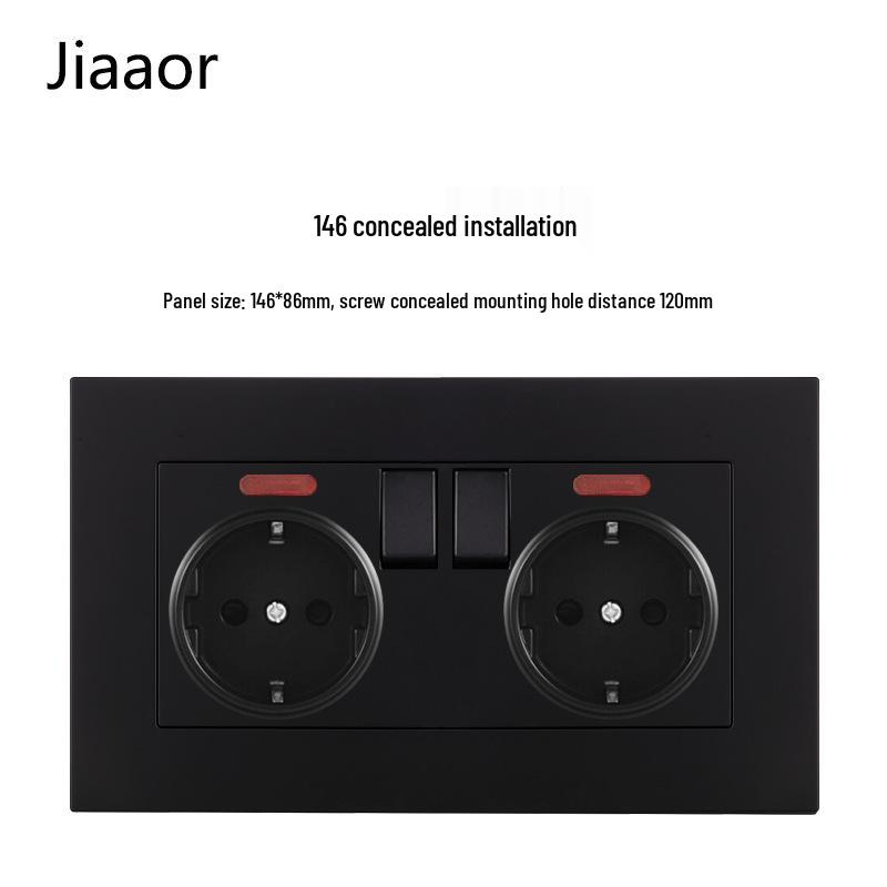 16A Black European Double Gang German-Style Switch & USB/Type-C Socket for Concealed Installation