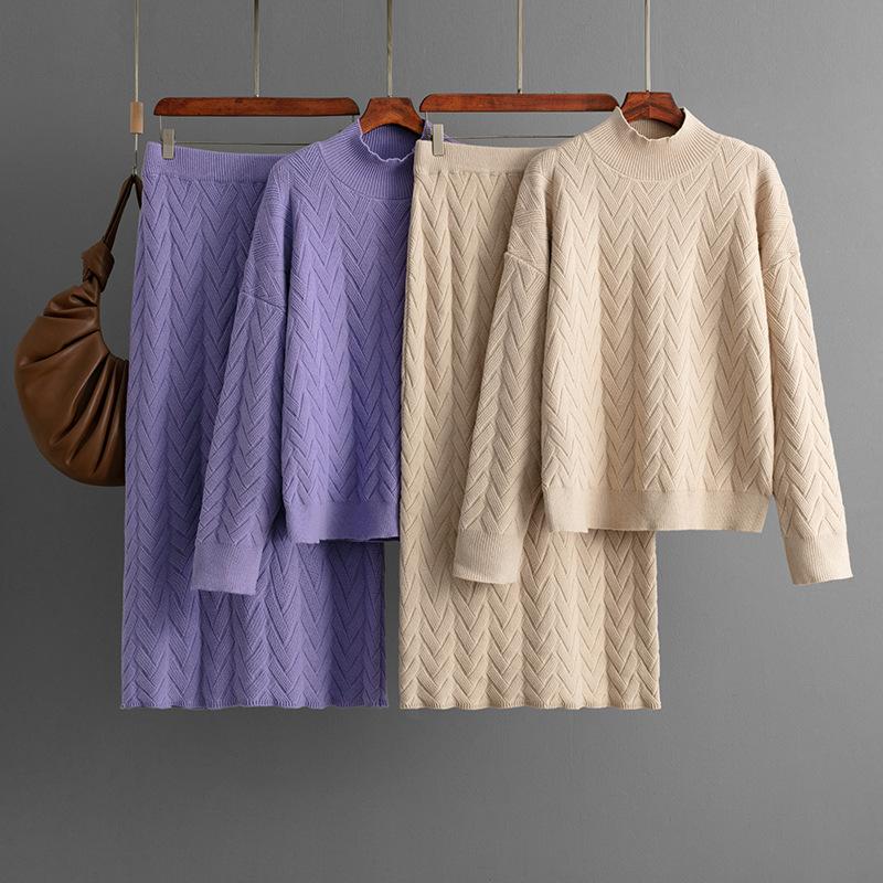 Autumn And Winter Jacquard Half High Collar Long Sleeve Knitted Shirt Hoodie Top Half Skirt Two Piece Set