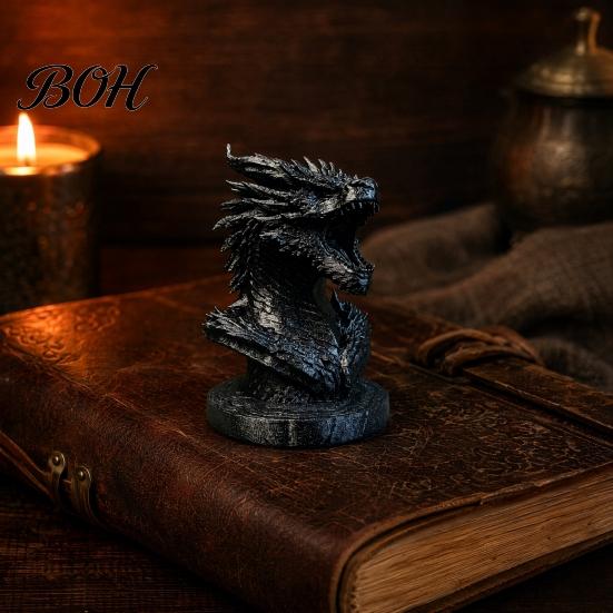 Desktop Dragon Decoration Head Figurine, 3D Printed Fantasy Statue, Mythical Black Sculpture Animal for Home Office Desk Decor, Gift Collectors