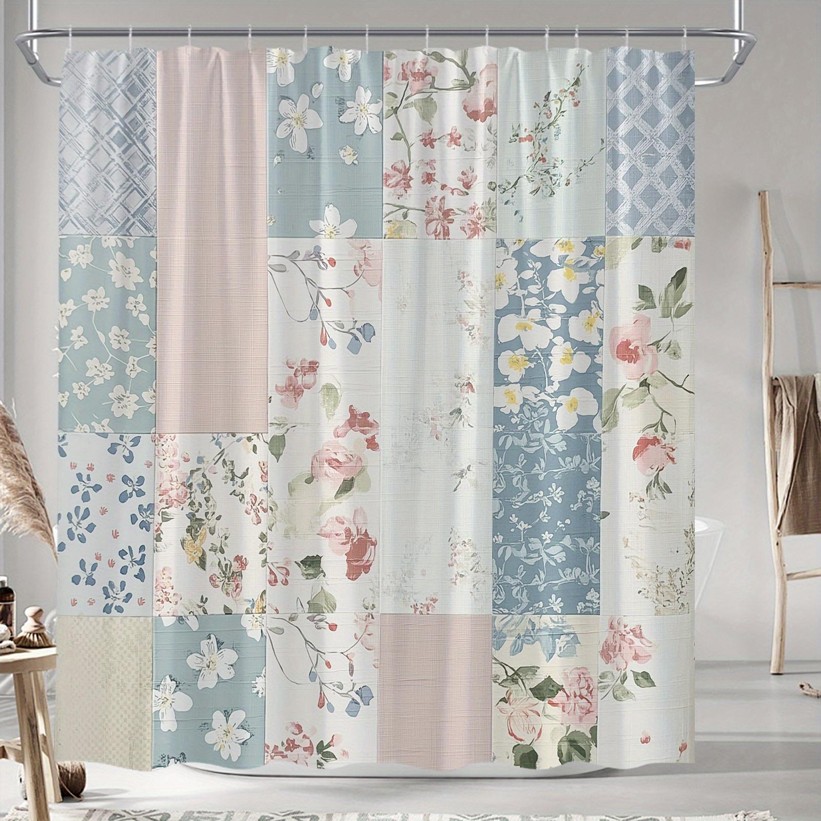 

Винтажная лоскутная шторка для душа с цветочным рисунком - Мягкие пастельные тона, Романтичный дизайн, Полиэстер, 12 крючков, 70,8x70,8 дюймов, Декор для ванной W90XH180cm