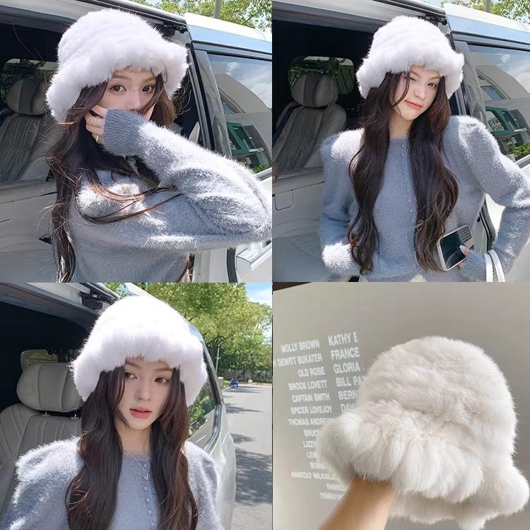Real Rabbit Fur Hat Women's Winter Warm Double-sided Woven Thickened Ruffle Edge Bucket Hat Temperament Top Hat Basin Hat
