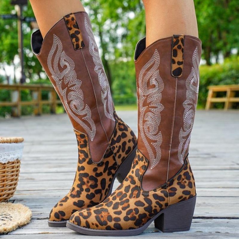 Women's Mid-Calf Boots Classic Embroidered Western Cowboy Boots Leopard Print Design Thick Heeled Boot Knee High Boots for Women