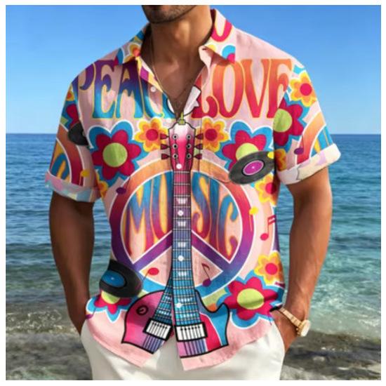 2026 Men's Short Sleeve Collar Guitar Hippie Top Shirt