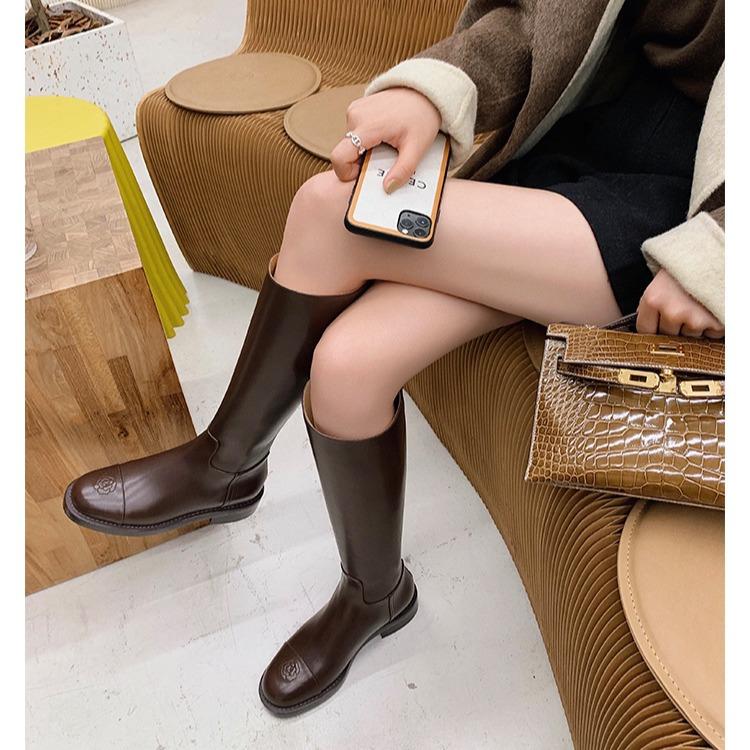 Knight Boots 2025 New Style Women's Knee Long Boots Leather Boots High Autumn Mid Boots Women's Single Boots