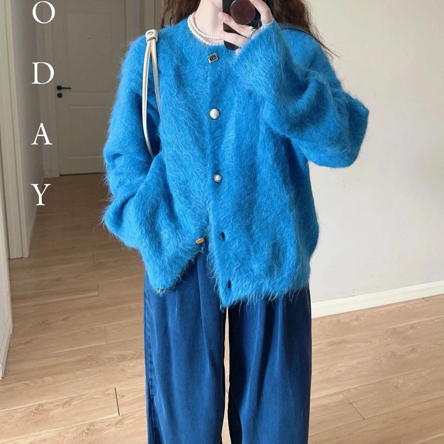 Сладкий молочно-желтый мягкий вязаный кардиган из меха норки для женщин 2025 года - Нежный стиль, однобортное пальто для осени/зимы S