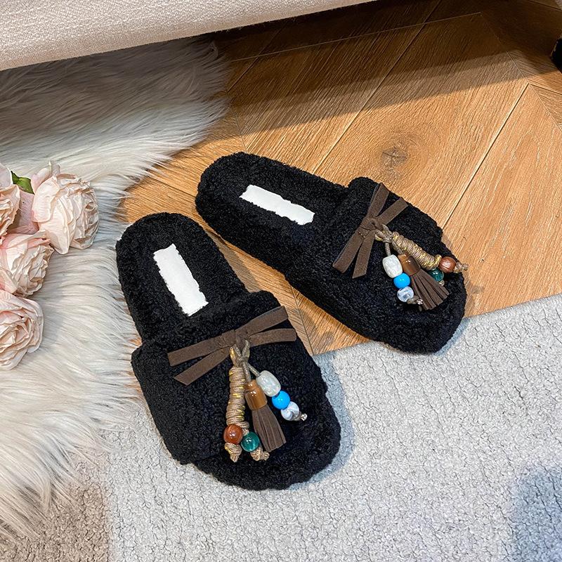 Home cotton slippers women's winter 20254 new Haiqing home plush indoor home flat bottom non-slip fluff mop