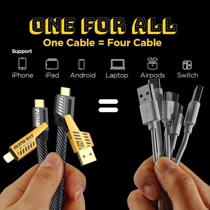4-in-1 Fast Charging Cable, Data Transmission, PD 65W, Flat Braided Charger Cable with Type C/USB A for Mobile Phones/tablets/headphones Etc.