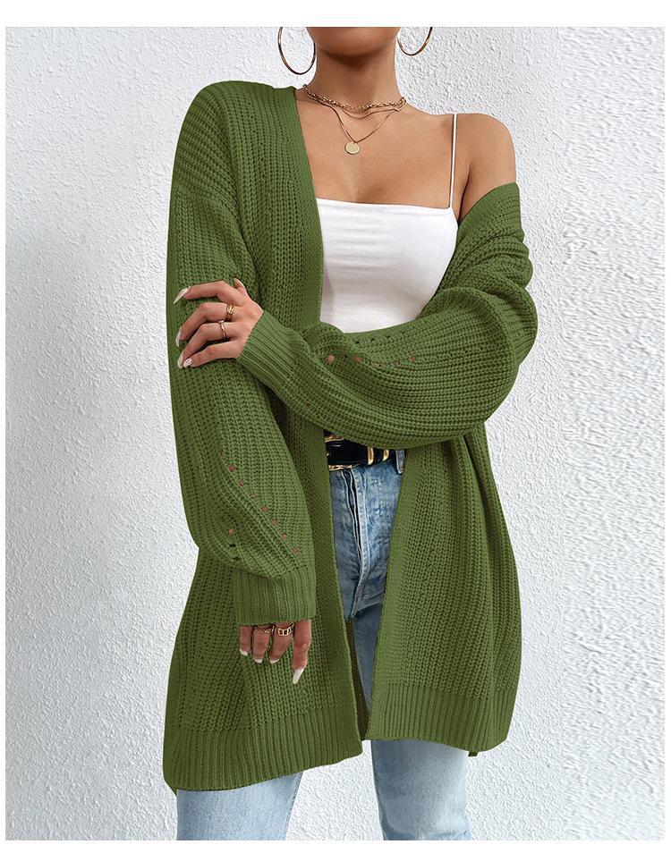 2025 Autumn/Winter Loose V-Neck Mid-Length Knit Cardigan - Solid Color