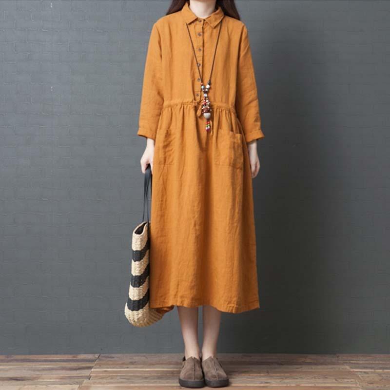 Spring New Literary and Loose Splicing Solid Color Cotton and Linen Lapel Collar Long-sleeved Dress Women's Medium and Long Shirt Skirt