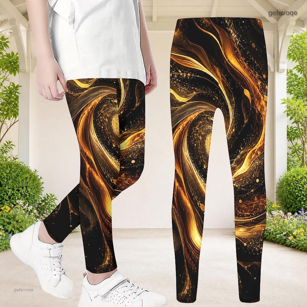 Girls Red Black Abstract Printed Full Length Stretch Waist Yoga Leggings