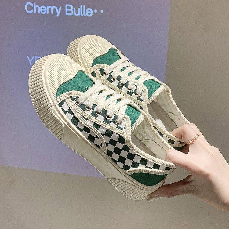 Houndstooth Canvas Shoes for Women  Autumn New Rubber Soft Bottom Lace up round Toe Lightweight Women's Casual Shoes