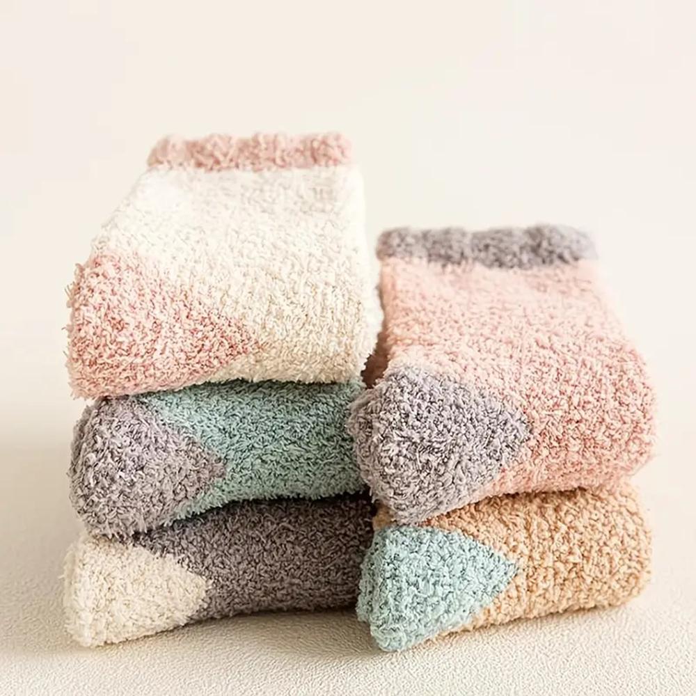 5 Pairs Women's Warm Coral Plush Socks Soft Fluffy Casual Thickened Wool Socks Medium Sleeve Home Girls' Sleeping Floor Socks