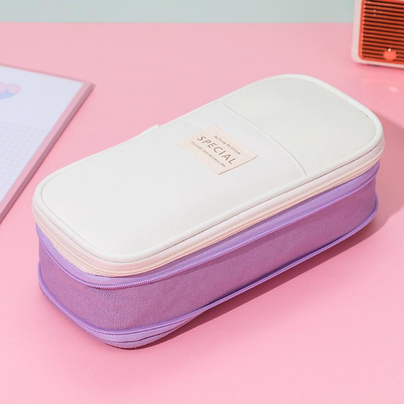 Colorblock Canvas Telescopic Pencil Case, Multifunctional Double Zipper, Convertible, Large Capacity Pencil Bag for Students