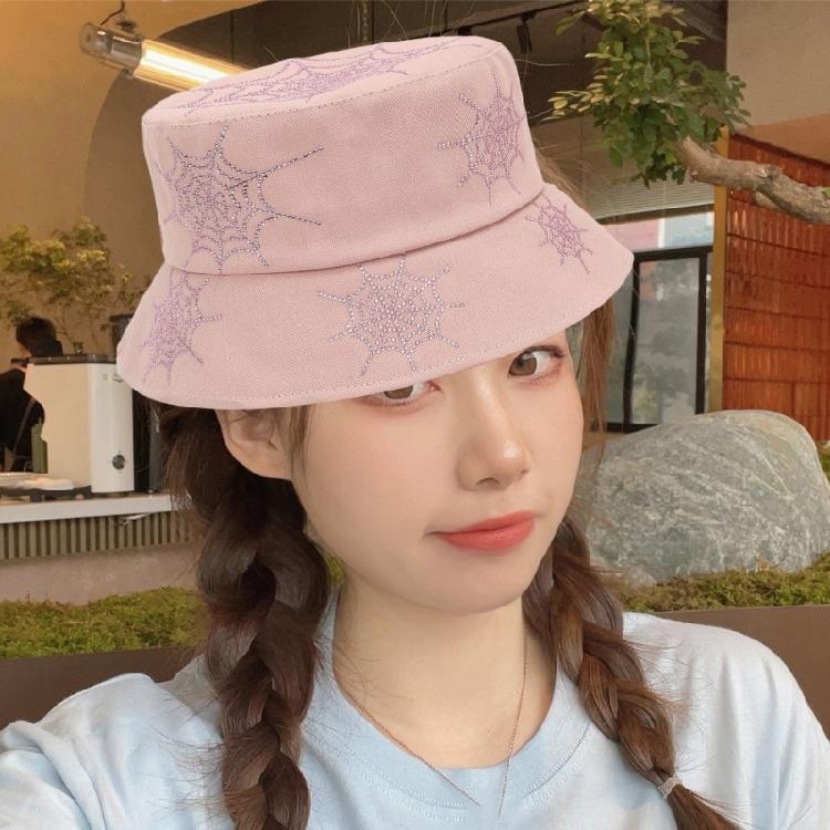 Rhinestones Spiders Web Patterned Fisherman Hat Protective Lightweight Polyester Wide Bill Hat for Women