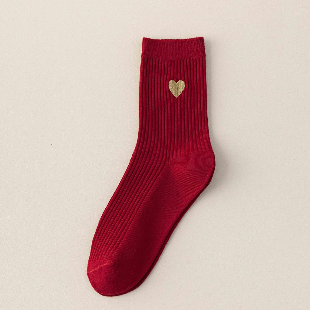 Big Red Socks New Year'S Red Socks Medium Tube Sweat-Absorbing Cotton Socks Embroidered Versatile Year Of The Horse Double Needle Stacking Socks