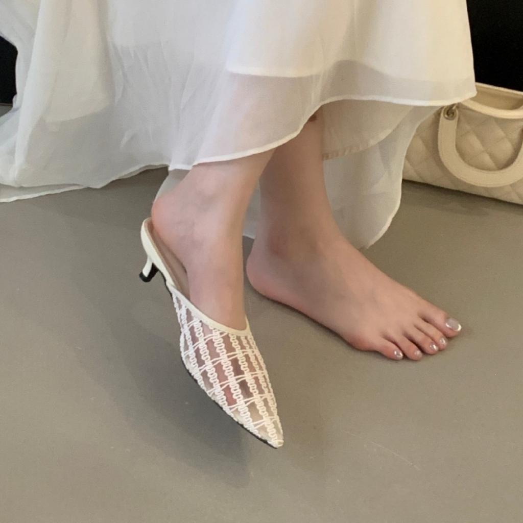 French Fairy Breathable Mesh Lace Bag Head Sandals Female Summer Kitten Heel Empty Single Shoes