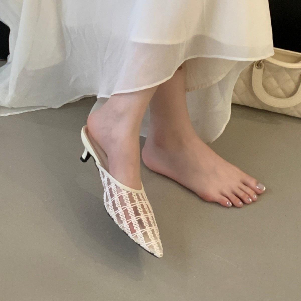 

French Fairy Breathable Mesh Lace Bag Head Sandals Female Summer Kitten Heel Empty Single Shoes 39