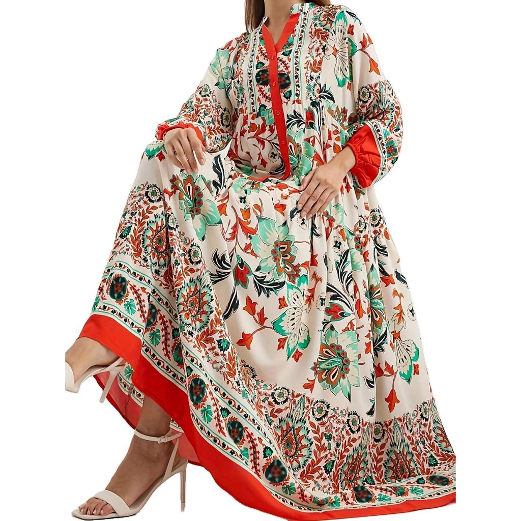 Elegantes Damenkleid mit V-Ausschnitt und langen Ärmeln im floralen Stil aus dem Nahen Osten