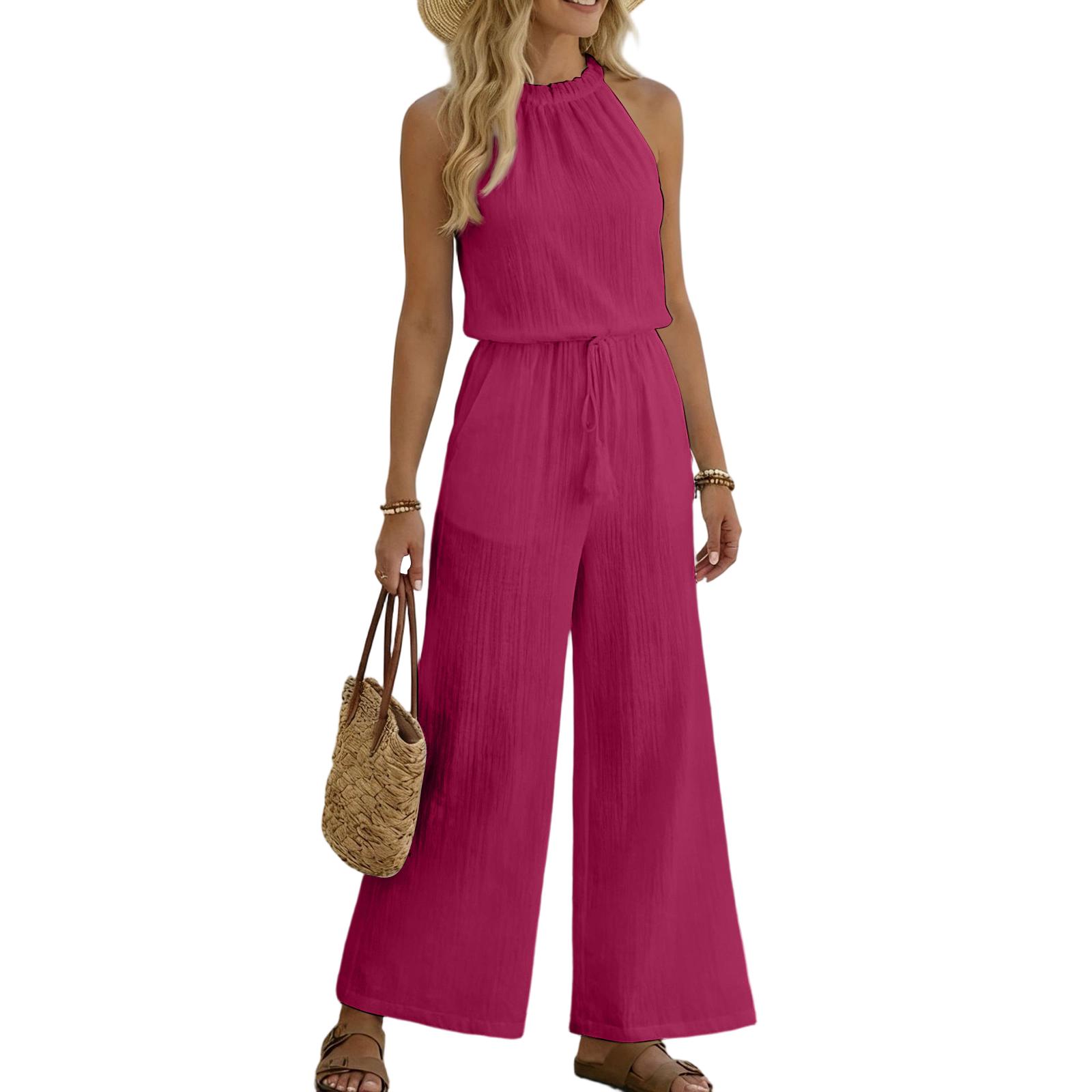 Women Sleeveless Jumpsuit Halter Neck Pleated Waist Drawstring Wide Leg Vacation Romper S